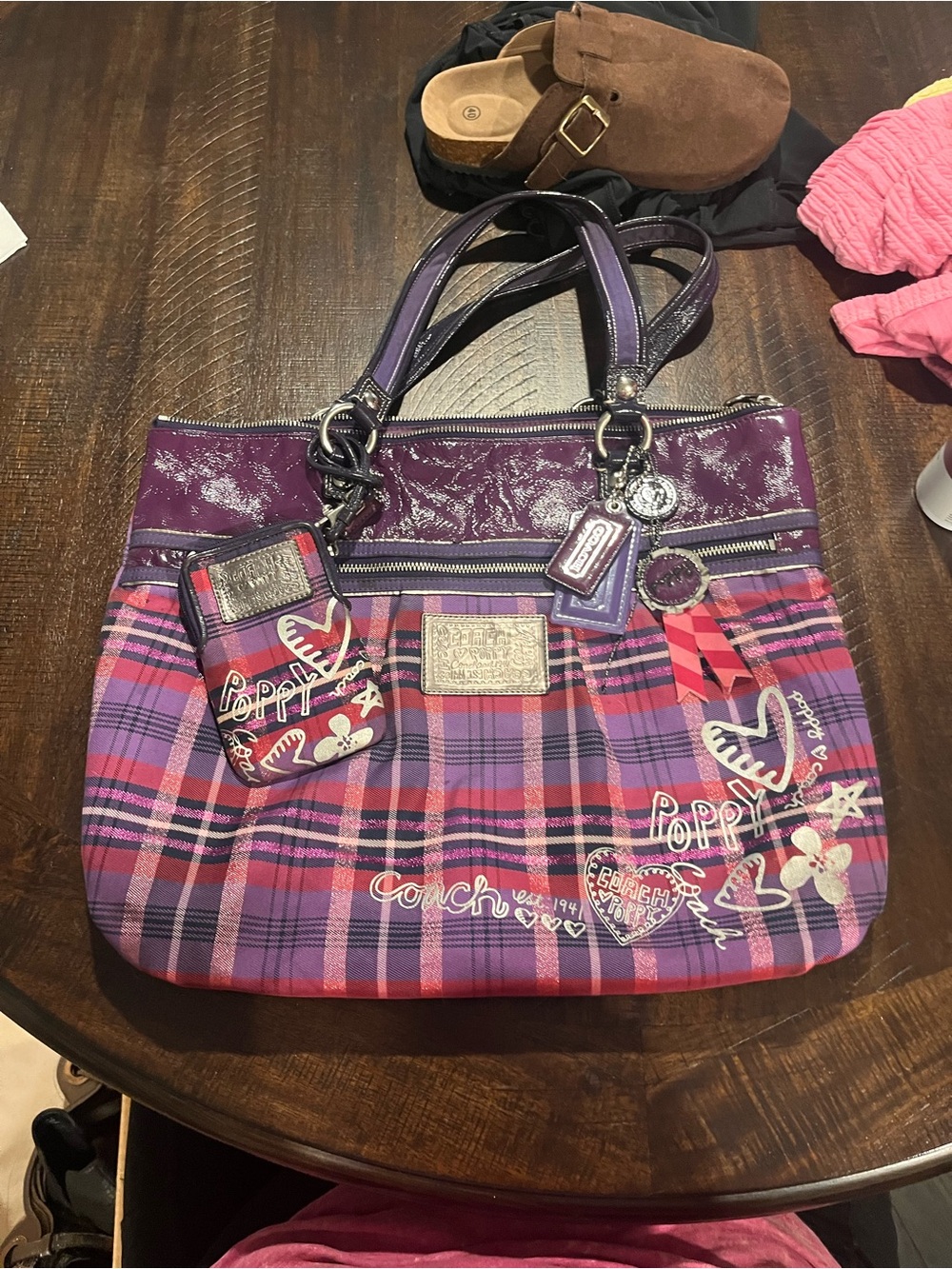 Coach Purple Plaid Tote with Graphic Accents